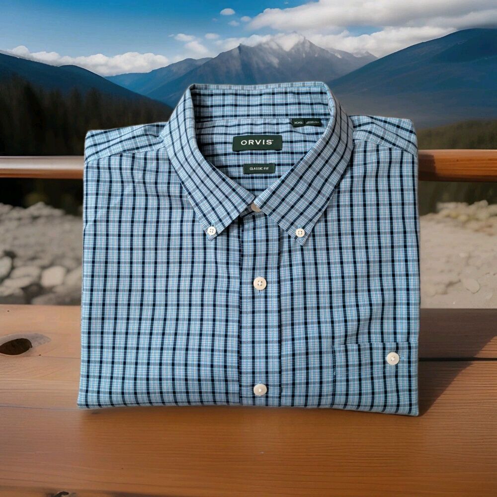 ORVIS CLASSIC WRINKLE FREE LONG SLEEVE BLUE PLAID SHIRT MENS SIZE XXL EUC
